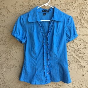 Cobalt Blue Short Sleeve Work Shirt Ruffles Blouse
